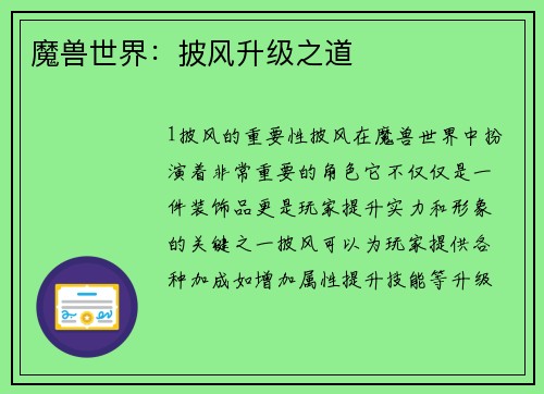 魔兽世界：披风升级之道